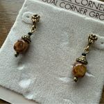 Vintage Casual Corners Post Earrings Antique Brass Tone with Brown Stone NWT Photo 1