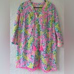 Mud Pie  Women’s Swim Cover Up Palm Print Green & Pink Pom-Pom Tassel Size Medium Photo 0