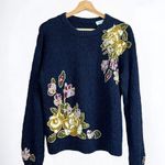 Vintage 80s 90s Navy Hand Knit Sweater w/ Floral Detail & Gold Stitching M/L Photo 0