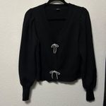 EXPRESS Women V-Neck Rhinestone Embellished Bow Cardigan Black Large Puff Sleeve Photo 1