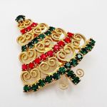 Vintage Rhinestone Christmas Tree Brooch Pin Gold Red Green Photo 1