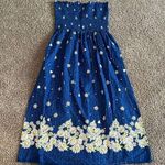 Blue Floral Daisy Print Smocked Bodice Strapless Midi Dress Size M Photo 0