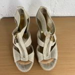 Michael Kors Women's Beige Cream Canvas Jute Wedge Gold Zipper Sandals Size 9M Photo 1