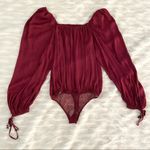 Free People Red Burgendy Wine Flowy Boho Silky Long Sleeve Boho Bodysuit Photo 17