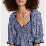 Free People  Britnee Print Smocked Floral Blue Women's Top Photo 1