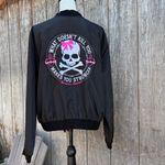 NWOT Woman’s RETIRED Beautiful Disaster “Stronger” Black Bomber Jacket Sz Large Photo 3