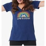 Life is Good  Blue Rainbow Daisy Sz Sm V-Neck Textured T-Shirt‎ Tee Top Photo 1