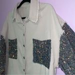 Light Grey Jean Jacket M Oversized Blue Velvet Sequins Cotton Blend Size M Photo 1