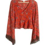 Cinq à Sept Cinq a Sept Jemma Red Floral Print Long Sleeve V-Neck Peplum Silk Top Size Small Photo 0