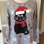 Christmas Pullover Kitty Cat Santa Hat Shirt Womens XS Gray Photo 0