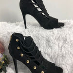 Jessica Simpson Black Suede Open-toe Stiletto Heel Gold Button Straps Zip Back9M Photo 0