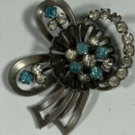 VTG Silver Tone Blue Clear Rhinestone Pin Bow Ribbon Costume Fashion Jewelry Photo 0