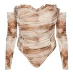 Pretty Little Thing NWT Bodysuit Womens 6 Pink Mesh Ruched Bardot Y2K Party Photo 2