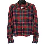 American Eagle Womens Red Plaid Long Sleeve Button Up Cropped Shirt Size Medium Photo 0