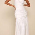 Lulus NWT  Dream Elegance White Ruched Rosette Drop Waist Maxi Dress Size Medium Photo 0