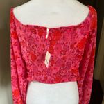 Free People  Ooh LaLa Pink Red Floral boho smocked chiffon Blouse Photo 4