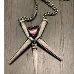 Janis Savitt Flat Link Chain Drop Necklace Emerald Cut Pink Glass Stone 17” Silver Photo 1