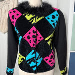 Vintage 80s Maximalist Patchwork Black Neon Beaded Faux Fur Cardigan Sweater M P Size M Photo 0