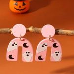 🌸 4 for $20 Halloween Light Pink Moon Pumpkin Printed Clay Textured Earrings Photo 1