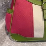 Liz Claiborne vintage Leather& Polyester Striped Purse Pink Green Beige Photo 7
