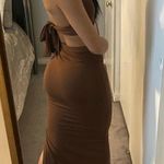 NEW Brown Front Cut Out Halter Neck Back Tie Midi Dress Photo 5