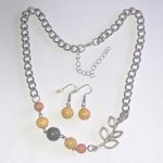 Silver Tone Chain Necklace Earring Set with Leaf Accent and Multicolor Beads Photo 0