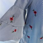 Betsey Johnson  Off Shoulder Navy Stripe Embroidered Dress Ruffle Sleeve Sz 6 💛 Photo 2