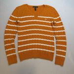 Ralph Lauren Lauren  Cable Knit Long Sleeve V Neck Sweater Orange Stripe Medium # Photo 1
