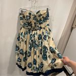 Adorable pleated strapless mini dress Alberta Ferretti flare floral cream aqua Blue Size 6 Photo 11