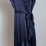 Nicole Miller New York sz 10 Blue Wrap Midi Dress Ruffle Flutter Cocktail Luxury Photo 0