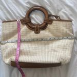 Fossil Tan Tweed Straw Summer Shoulder Bag Wooden Handle Photo 11