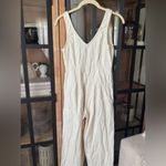 ASOS denim jumpsuit oatmeal wide leg straight beige lineny sleeveless pockets Photo 9