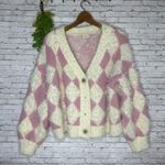 POL  Pink and White Checkered Faux Mohair Wispy Chunky Knit Cardigan Photo 0