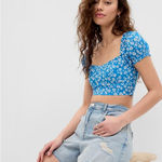 Gap NWT 100% Cotton Blue White Floral Short Puff Sleeve Crop Top Size XS Photo 0