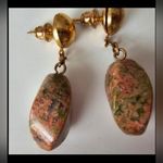 Unakite Jasper Crystal Gold Tone Metal Dangle Pierced Earrings Orange Photo 0