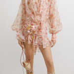 LASSY FLORAL CHIFFON PUFFBALL PUFF SLEEVE MINI DRESS (XS) Tan Photo 0