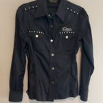 COOGI  Black Studded Embroidered Full Button Down Long Sleeve Blouse Top Size L Photo 0
