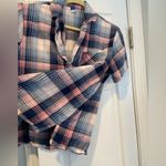 Old Navy Size M Navy Pink Plaid Cotton Flannel Short Sleeve Button Pajama Top Photo 3