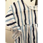 NWOT XL White Navy Blue & Cornflower Stripes Keyhole Flutter Sleeves Scallop Photo 1