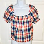 Modcloth JCrew Smocked Cotton Crop Top Summer Madras Plaid Checkered Orange Blue S Photo 3