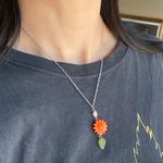 Handmade unique funky cute orange ceramic sun & Czech glass leaf & freshwater pearl necklace☀️🌿 Photo 5