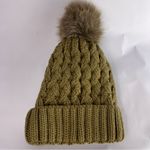 Page One Olive Cable Knit Beanie Faux Fur Pom Fleece Lined Winter Hat Green Photo 4