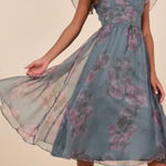 Lulus  Floral Organza Flutter Sleeve Midi Dress Teal Purple Small New With Tag Photo 0