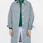 ZARA  Women's Green and Blue Checkered Plaid Trench Coat Sz L Photo 2