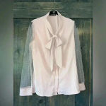 SheIn Elegant Blush Pink Bow Blouse with Mesh Dot Sleeves - Romantic Top A68 Photo 3