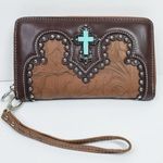 Rustic Couture Studded Turquoise Cross Embossed Western Wallet Clutch Brown Photo 0