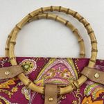 Ralph Lauren Vachetta Leather Paisley Canvas Purse Handbag Round Bamboo Handle Pink Photo 10