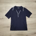 Adrianna Papell Navy Ribbed Knit Polo Shirt White Trim Short Sleeve Womens Small Photo 1