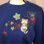 Granny Sweatshirt Size M Cat Embroidered Blue Floral Sparkle Long Sleeve Cottage Size M Photo 1