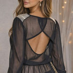 Fun & Flirt Black Sheer Mesh beaded Shoulder Cutout Back Peplum Top Sparkly NYE Photo 0
